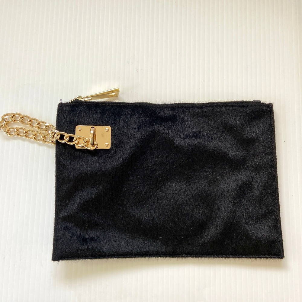 Sondra Roberts Squared Black Faux Fur Leather Gold Chain Wristlet Clutch
